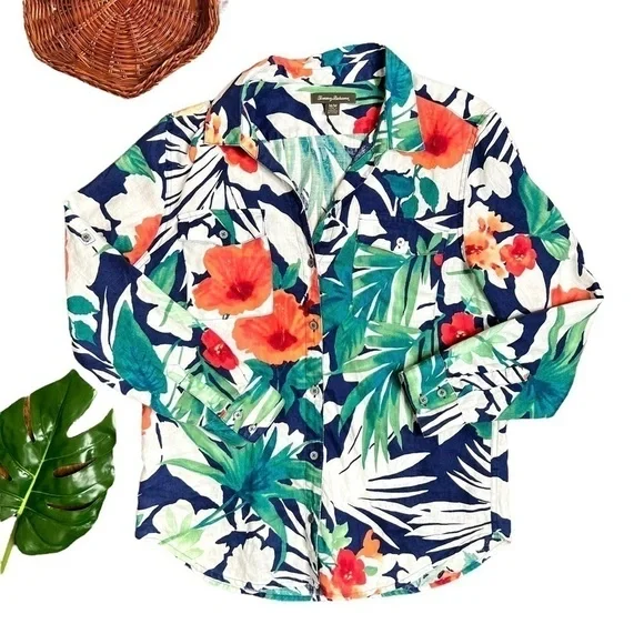 Tommy Bahama Victoria Bloom Floral Tropical Long Sleeve Palm Leaf Blouse Medium - Picture 2 of 13
